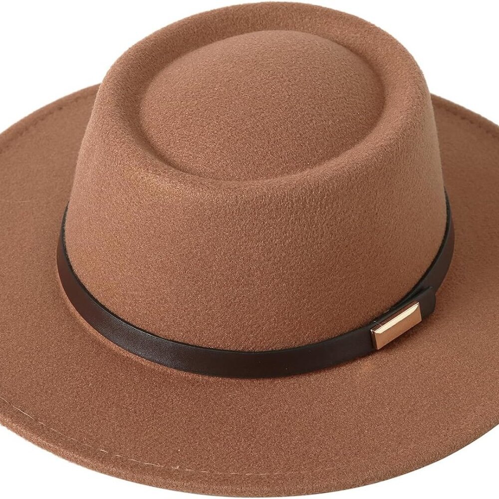 Women Vintage Wide Brim Warm Wool Fedora Hat Belt Panama Hat Felt Jazz Hat